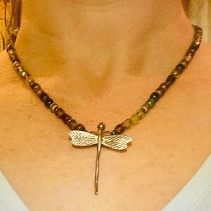 Handmade Sterling and glass bead necklace with sterling silver dragonfly.